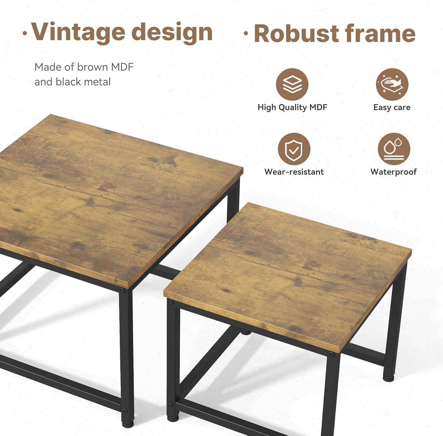 Modern Nesting Coffee Table Set 2 Round Black Metal Frame Wood Brown Square