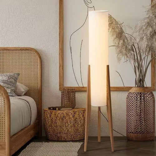 Wabi Sabi Wooden Tripod Floor Lamp Linen Shade Tall Standing Light E26