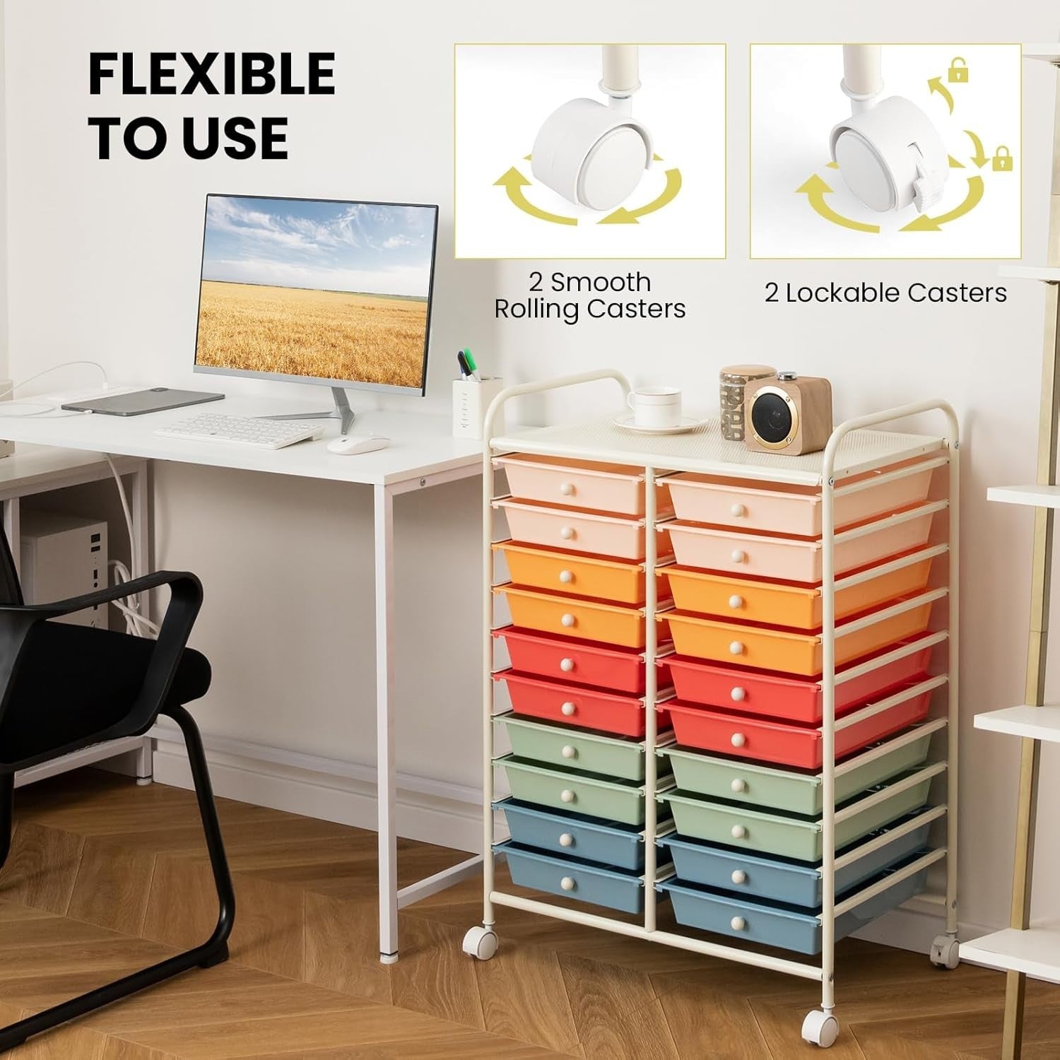 20 Drawer Rolling Storage Cart Mobile Organizer Trolley Lockable Wheels