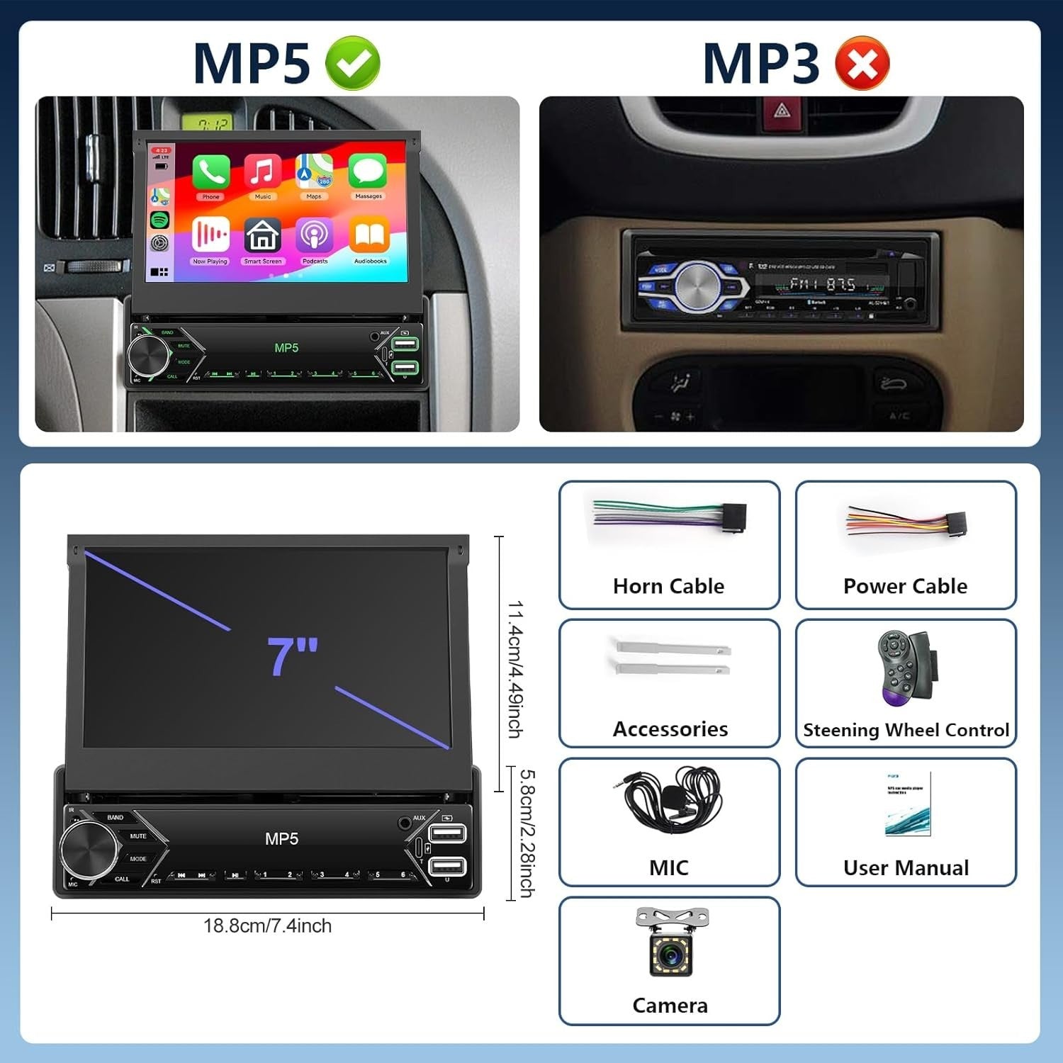 7" Flip-Out Car Stereo Wireless CarPlay Android Auto DAB+ FM Bluetooth