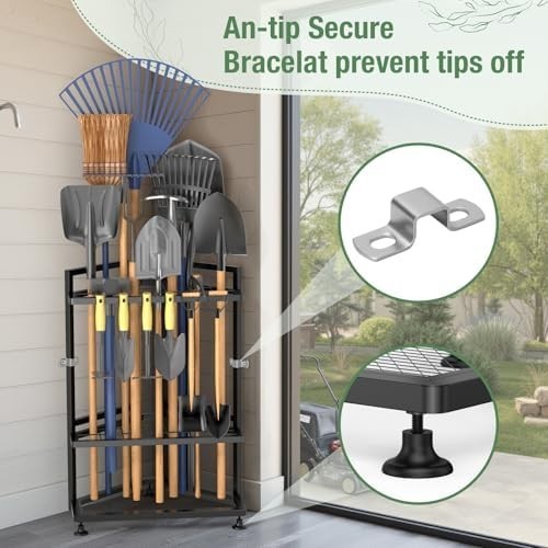 Corner Garden Tool Organizer Metal Rack for Shovels Rakes Brooms Storage