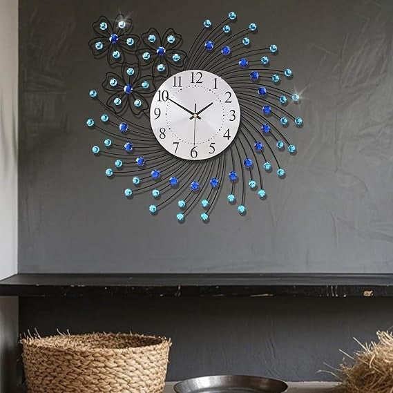 Large 50cm Crystal Wall Clock Blue Silent Modern Decorative Round Home Decor