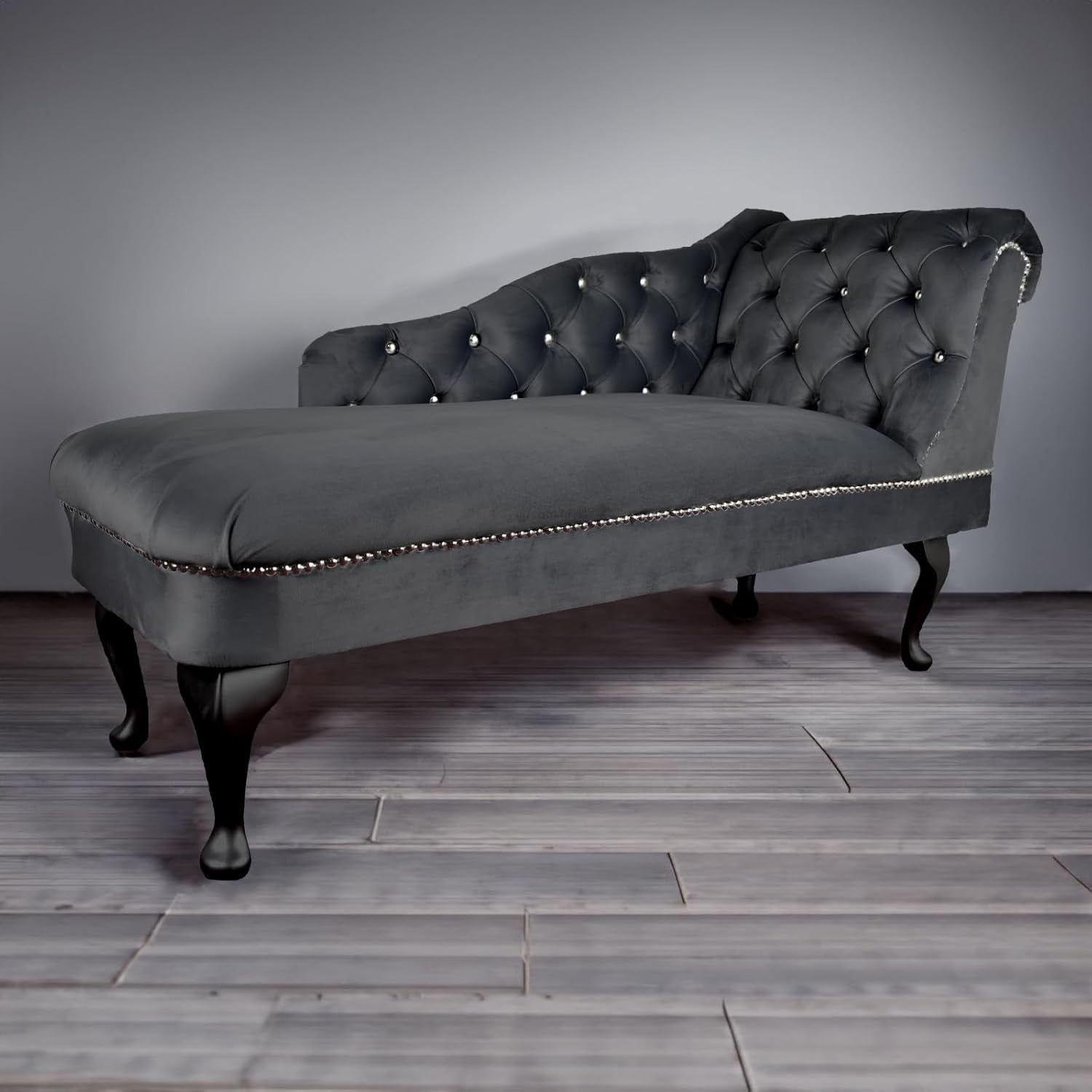 Velvet Tufted Chaise Lounge Sofa Right Hand Grey Accent Chair 133cm.