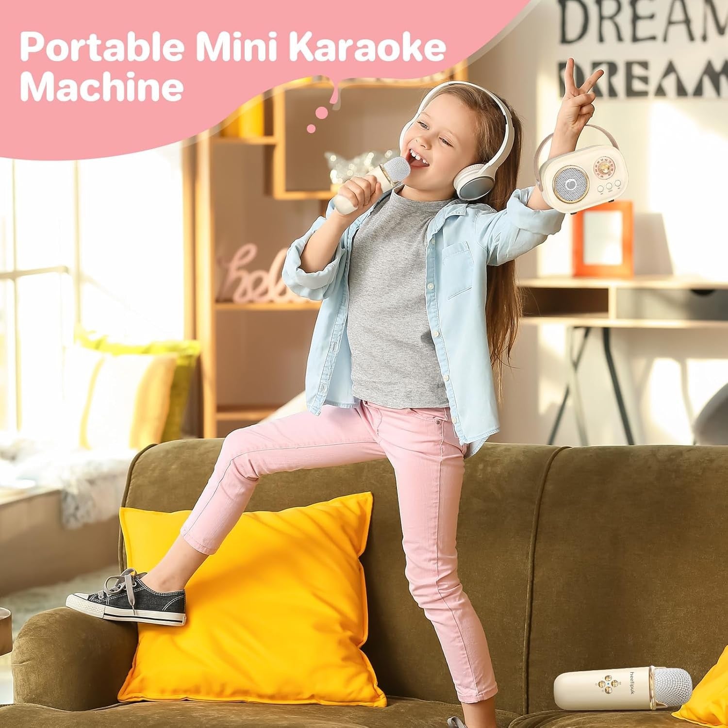 Mini Karaoke Machine Portable Bluetooth Speaker 2 Wireless Mics Kids Teens