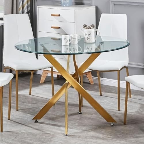 Round Glass Dining Table 100cm Gold Metal Legs Modern Kitchen Table