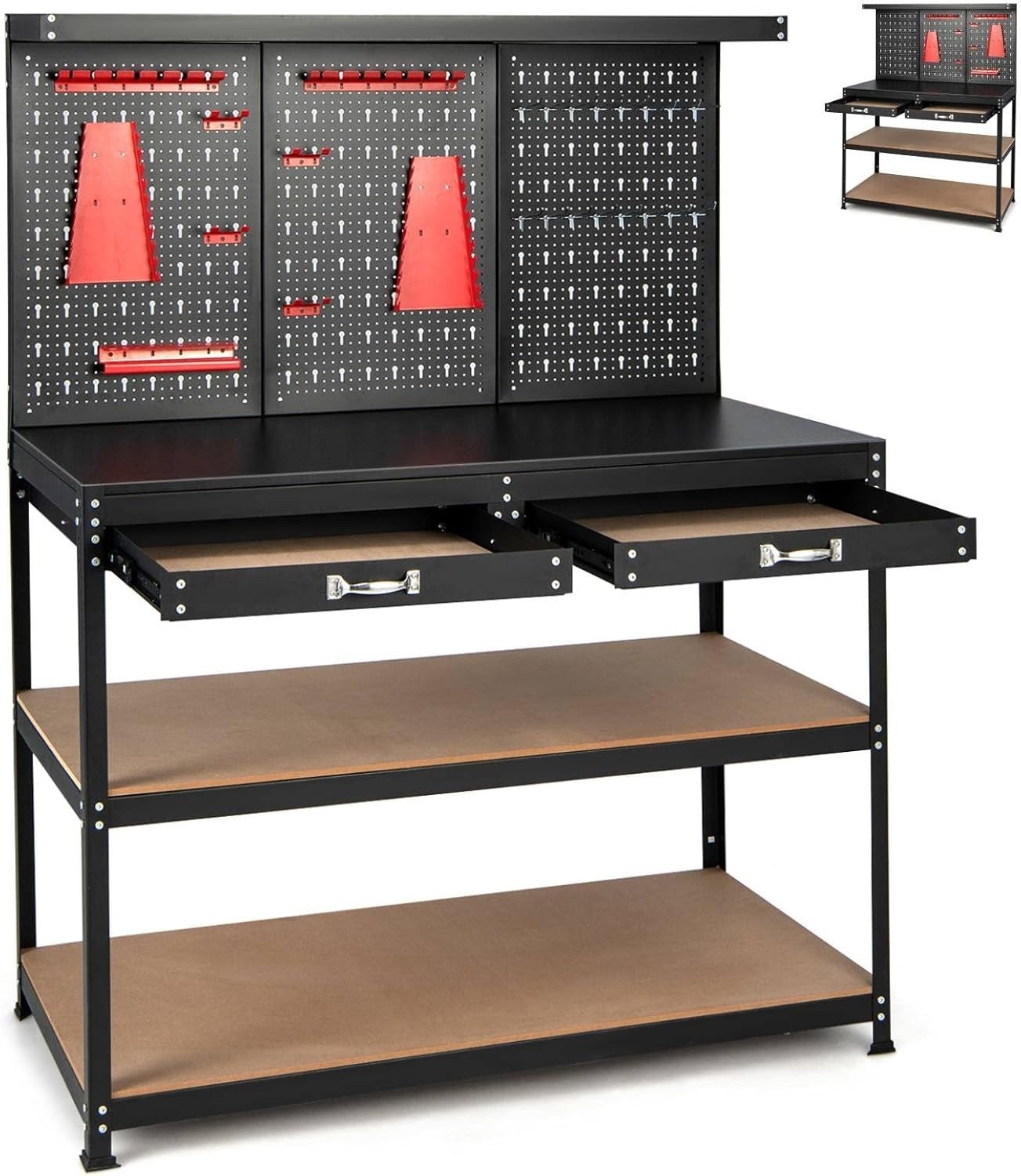 Heavy Duty Workbench with Pegboard Drawers Shelves 25 Hooks Garage Station