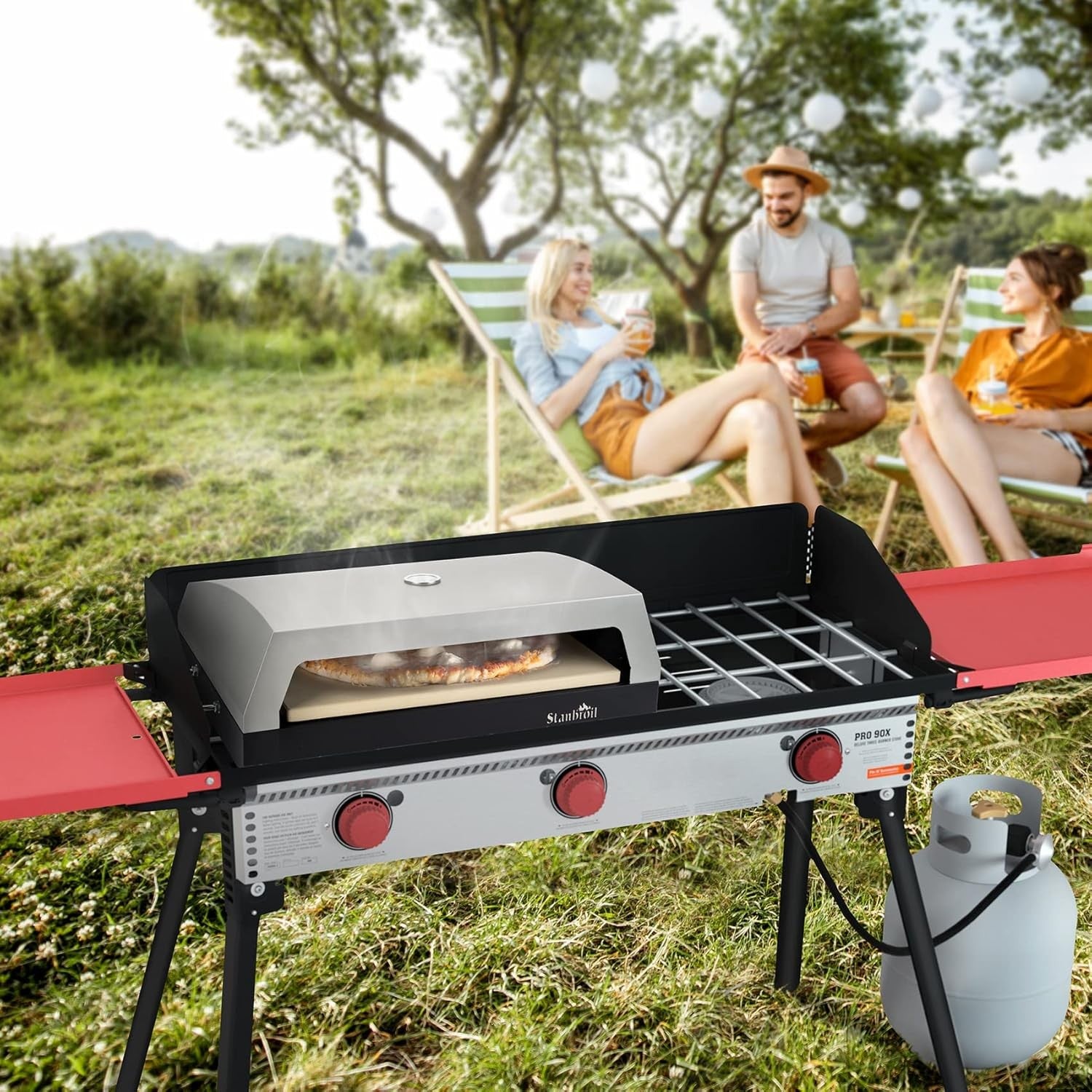 16" Stainless Steel Outdoor Pizza Oven | Dual Burner Gas BBQ Grill w/ Stone