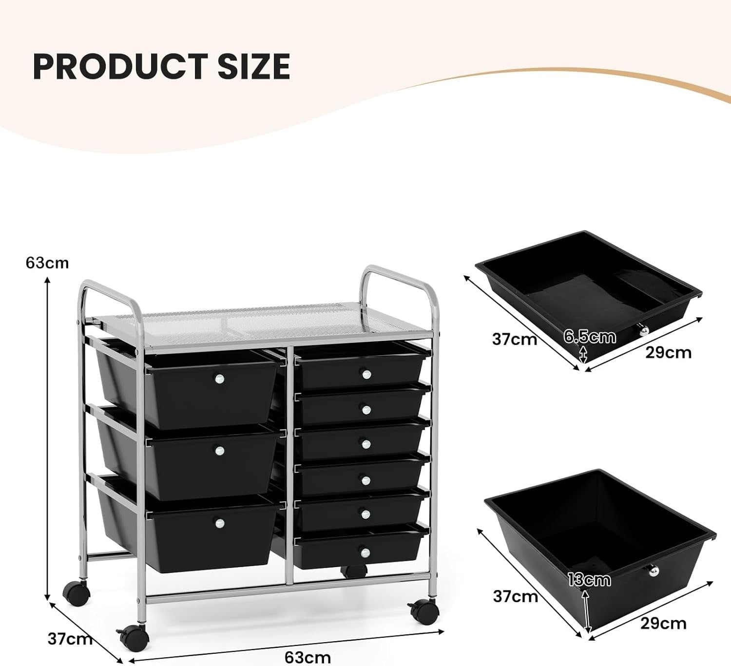 9 Drawer Rolling Storage Trolley Black Utility Cart Organizer Wheels