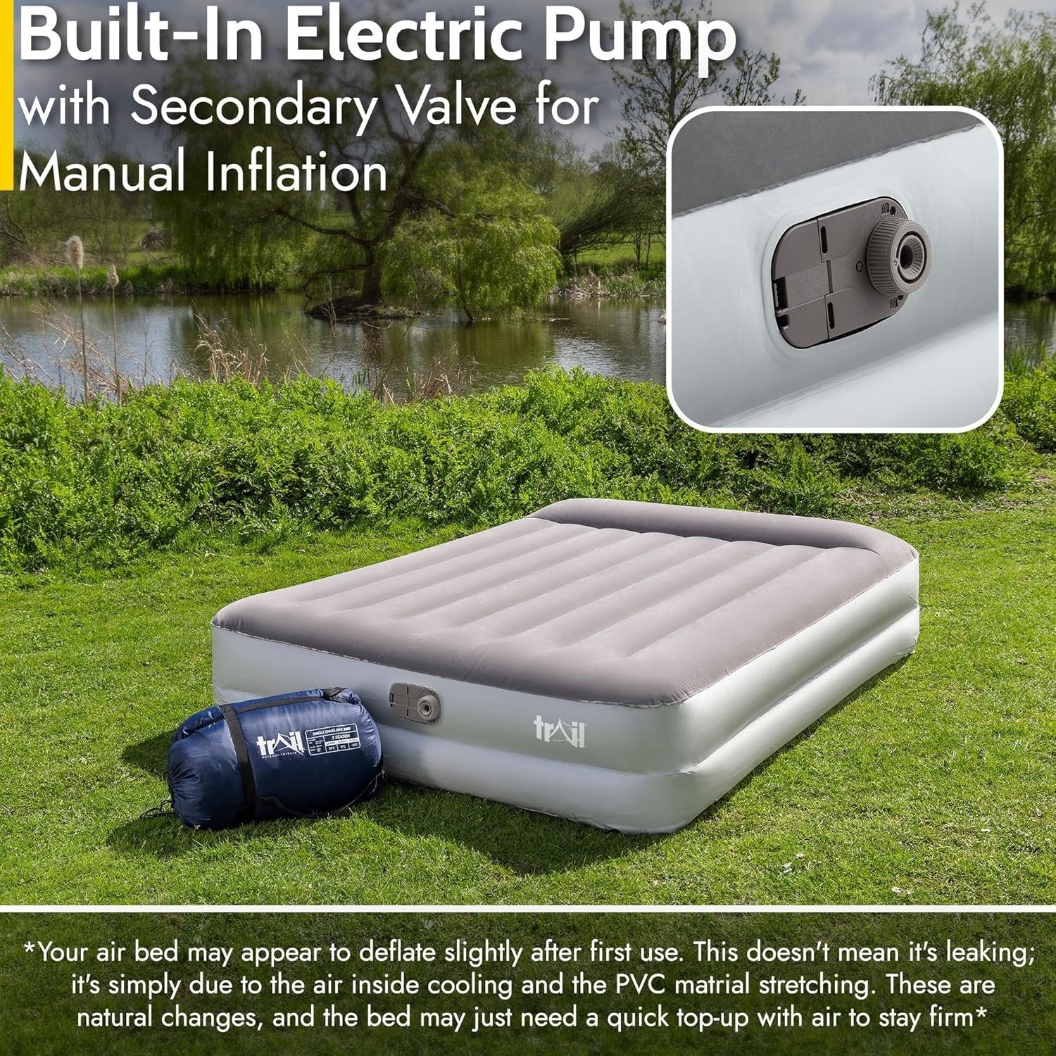Double Air Bed with Built-In Pump & Pillow, Waterproof Flocked 2-Person Mattress