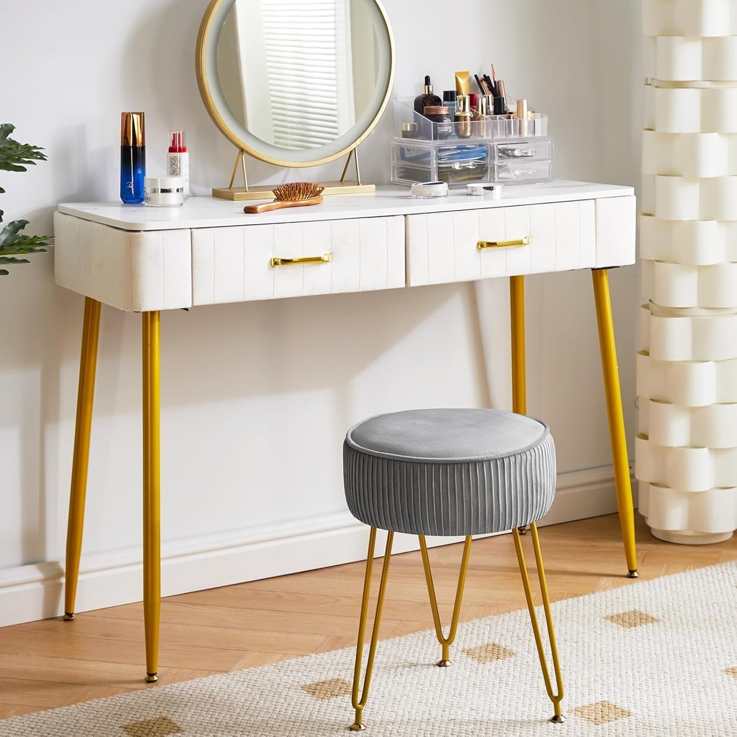 Gray Round Velvet Footrest Ottoman – Makeup Vanity Stool with Gold Legs