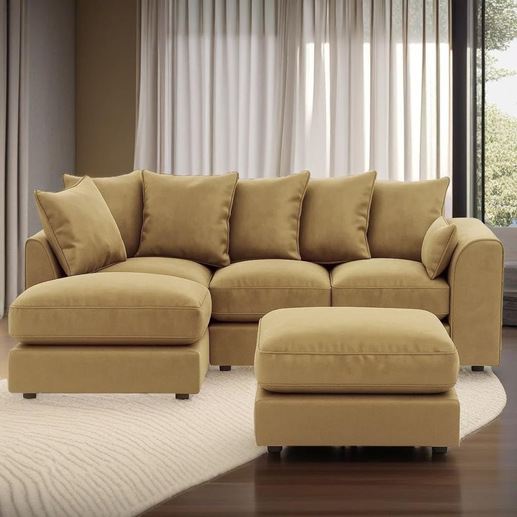 Plush Velvet L Shape 4 Seater Corner Sofa with Footstool - Mink Fabric