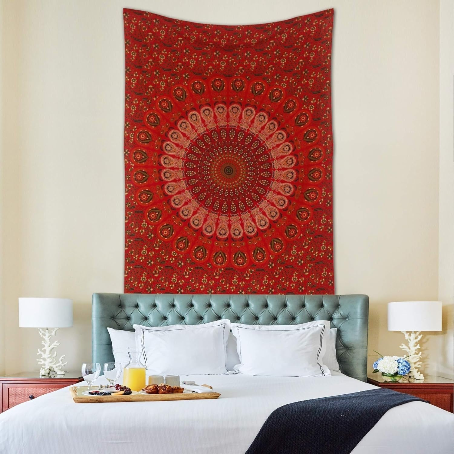 Red Mandala Tapestry 140x210cm Boho Wall Hanging Cotton Decor