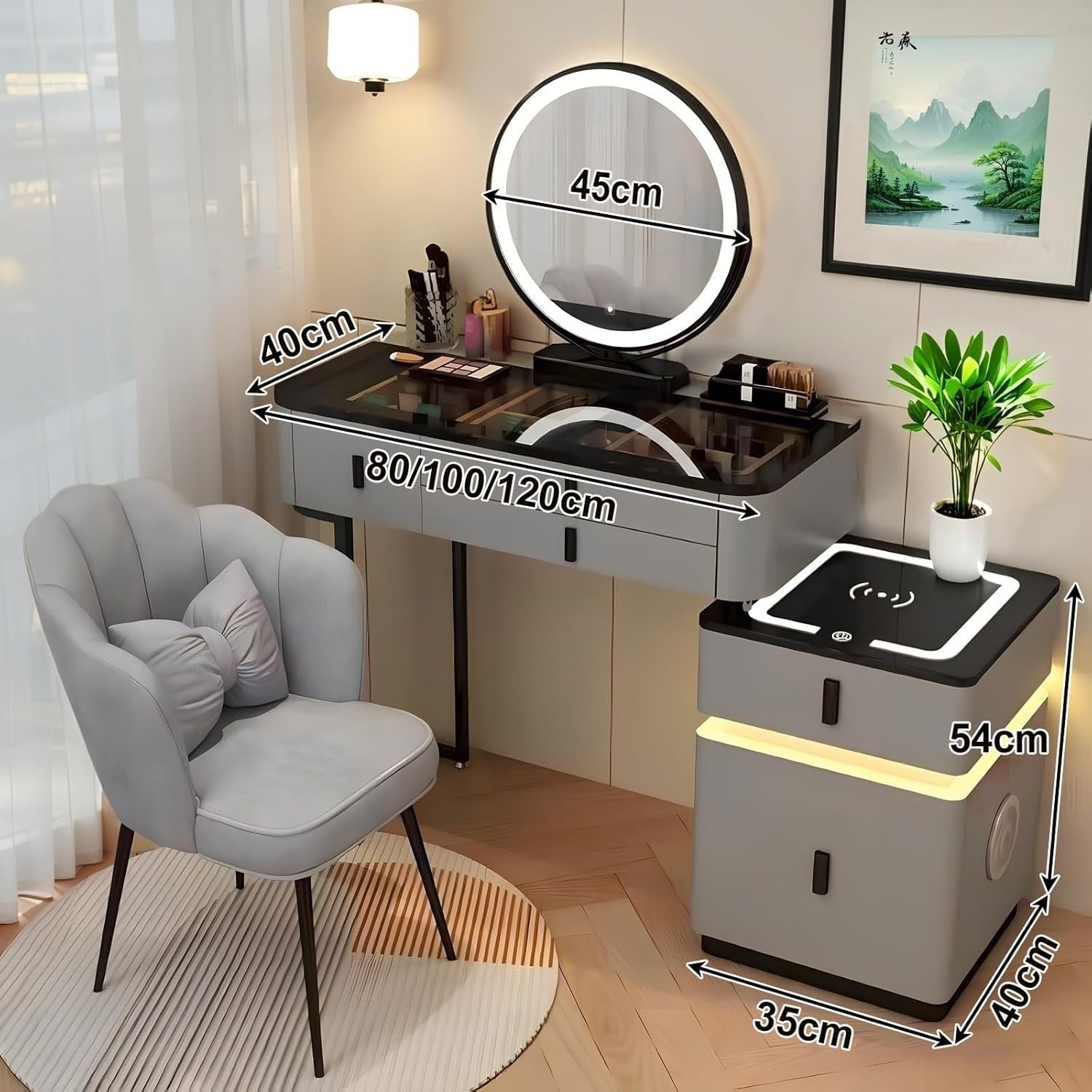 Modern Vanity Makeup Dressing Table Desk 3-Colour LED Mirror Storage Grey-Black