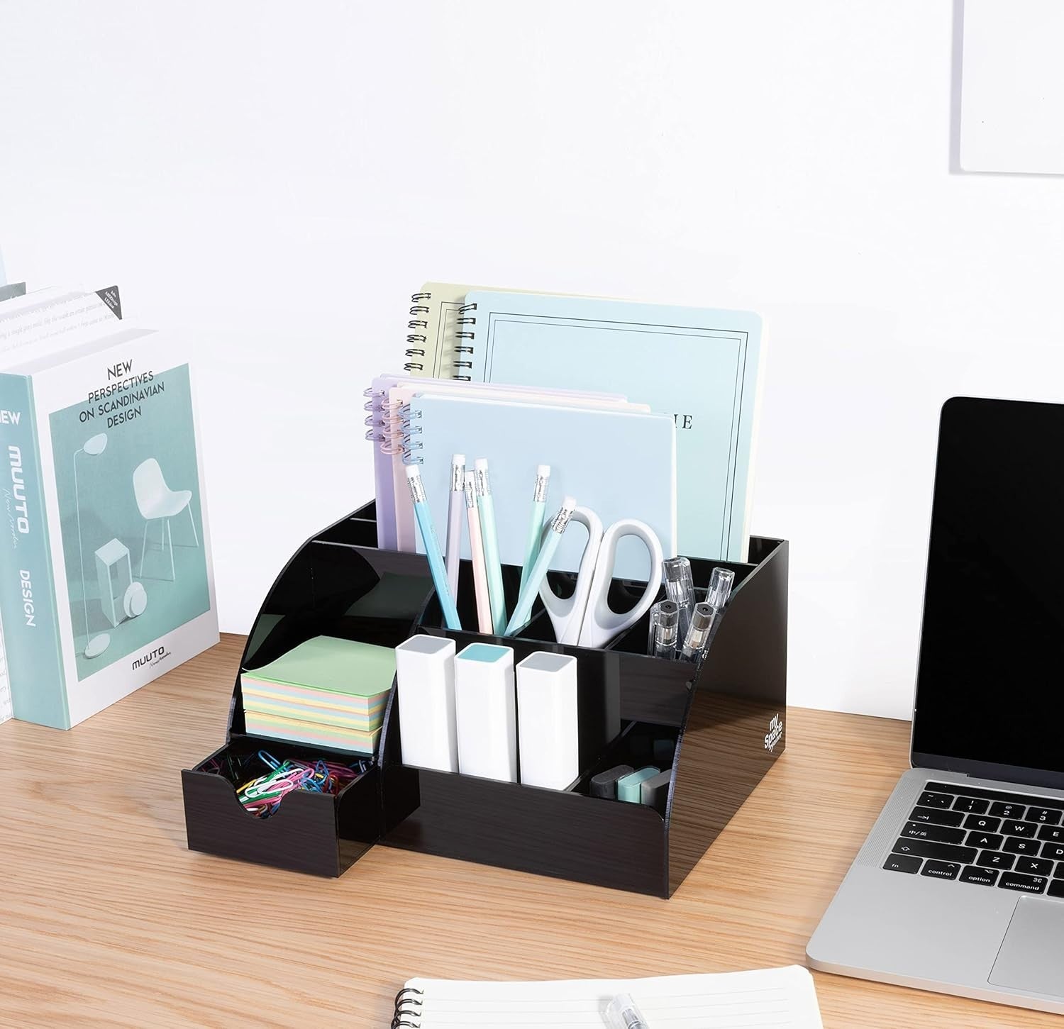 Acrylic Desk Organizer with Drawer, 9 Compartments for Office Supplies Black