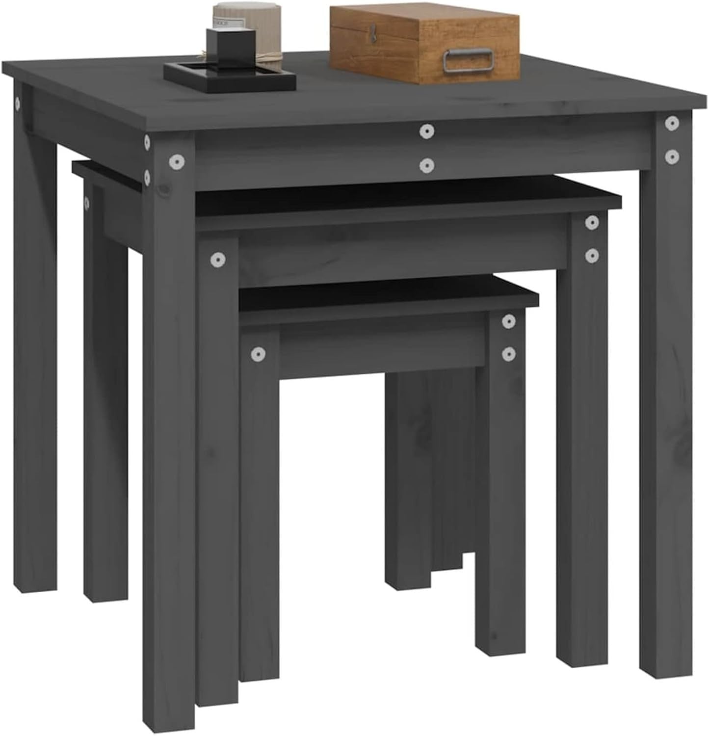 Grey Pine Wood Nesting Side End Tables Set of 2 Storage Living Room Furniture