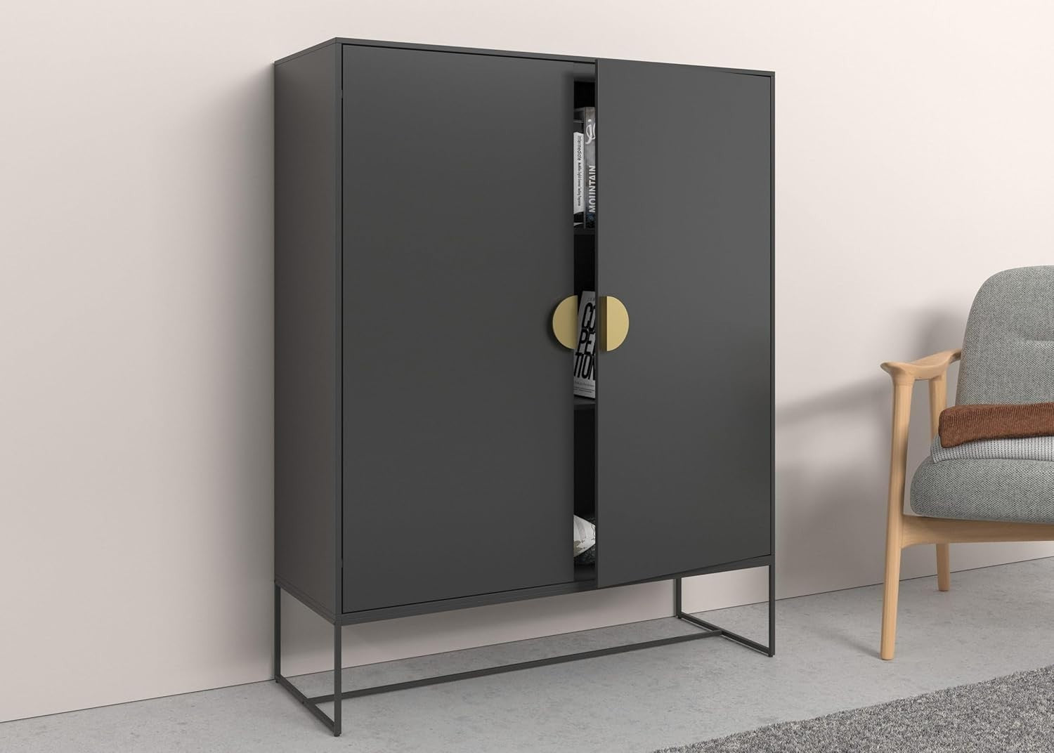 Extra Large Modern Cabinet with 2 Doors & Golden Handles, 40x90x125cm