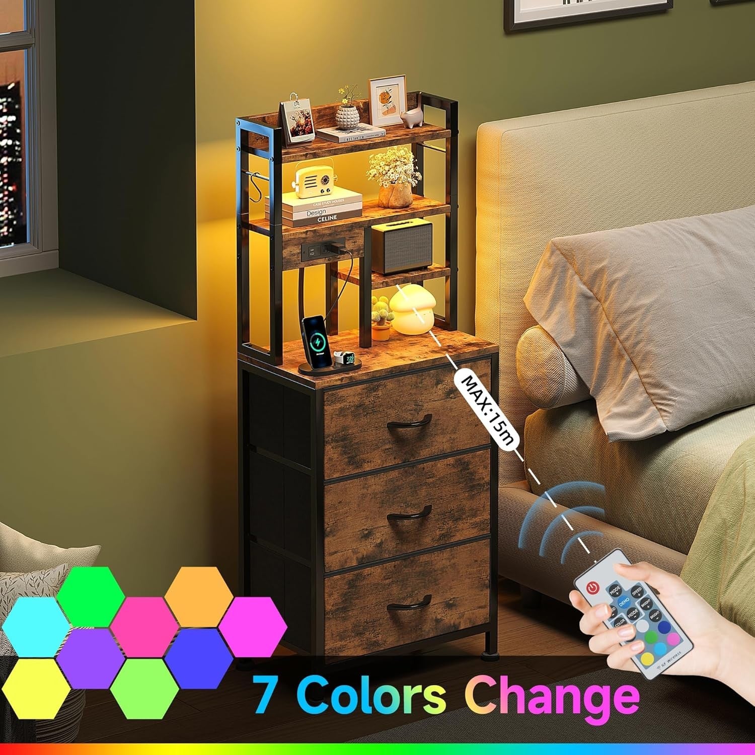 Tall Bedside Table with LED Lights Charging Ports Drawers Shelves Rustic Brown