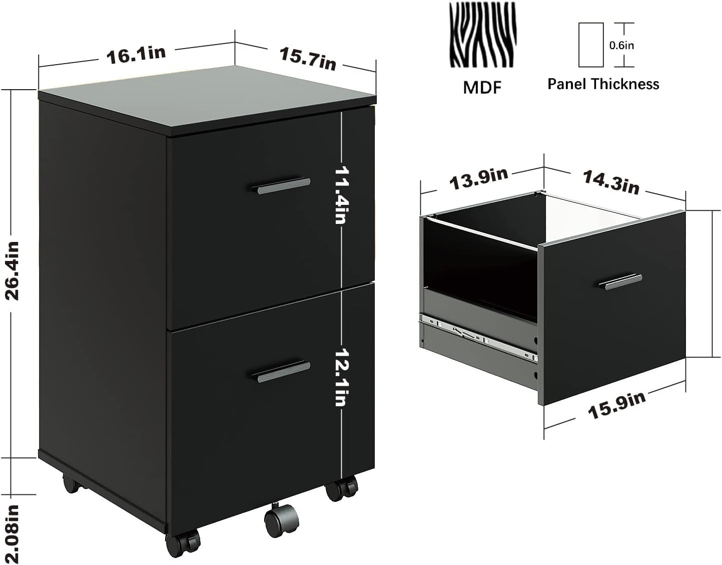 Mobile File Cabinet 2 Drawer Under Desk A4 Letter Rolling Office Storage