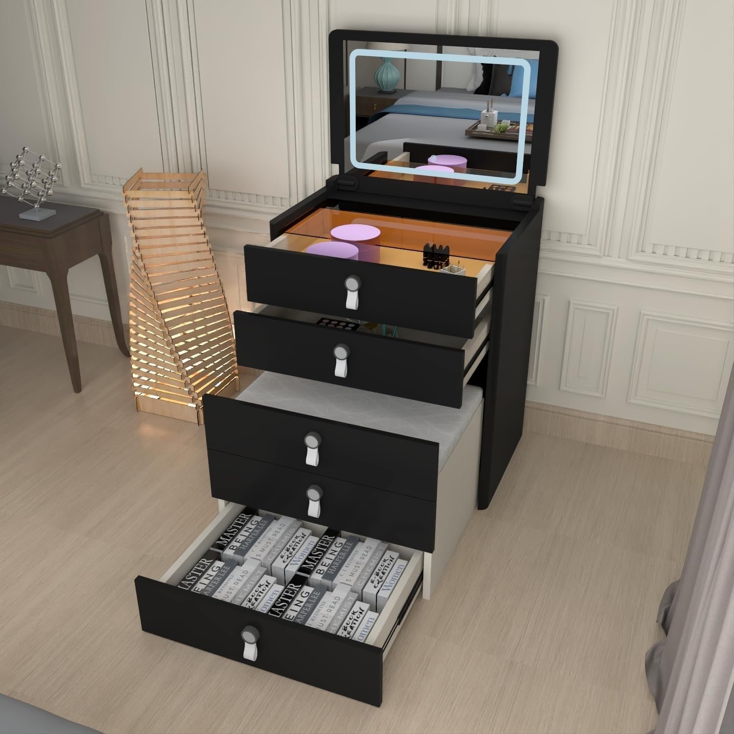 Black High Gloss Dressing Table Vanity Desk Mirror 5 Drawer Storage Stool Set