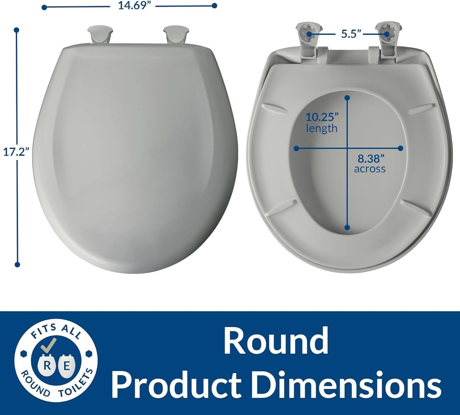 Round Toilet Seat Ice Gray Soft Close Durable Plastic Classic Style