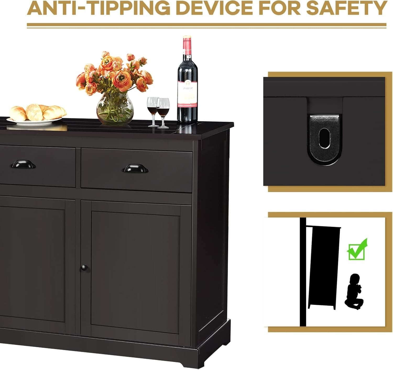 Dark Brown Large Sideboard Buffet Cabinet with 3 Drawers & Adjustable Shelves