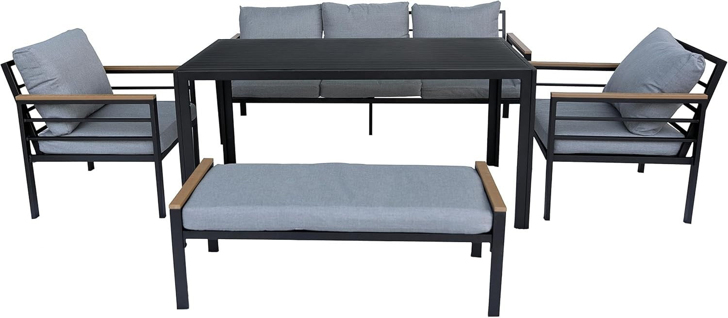 6 Seat Garden Furniture Set Black Aluminium Grey Cushions Dining Patio