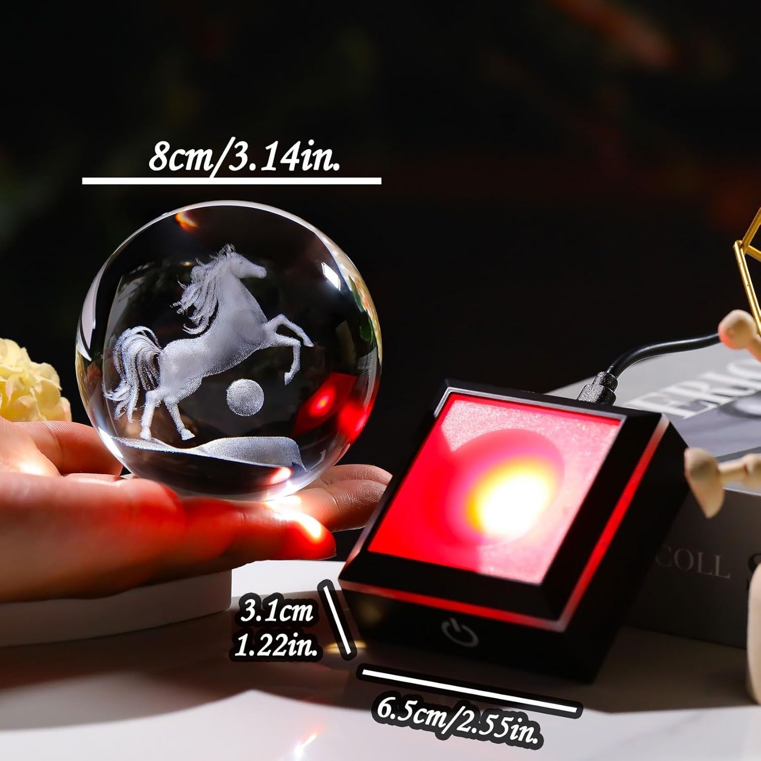 3D Crystal Horse Ball LED Light 8cm K9 Glass Ornament Gift Home Decor