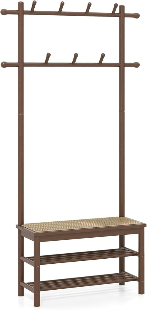3-in-1 Bamboo Coat Rack with Bench & Shelves Rattan Hallway Entryway Storage