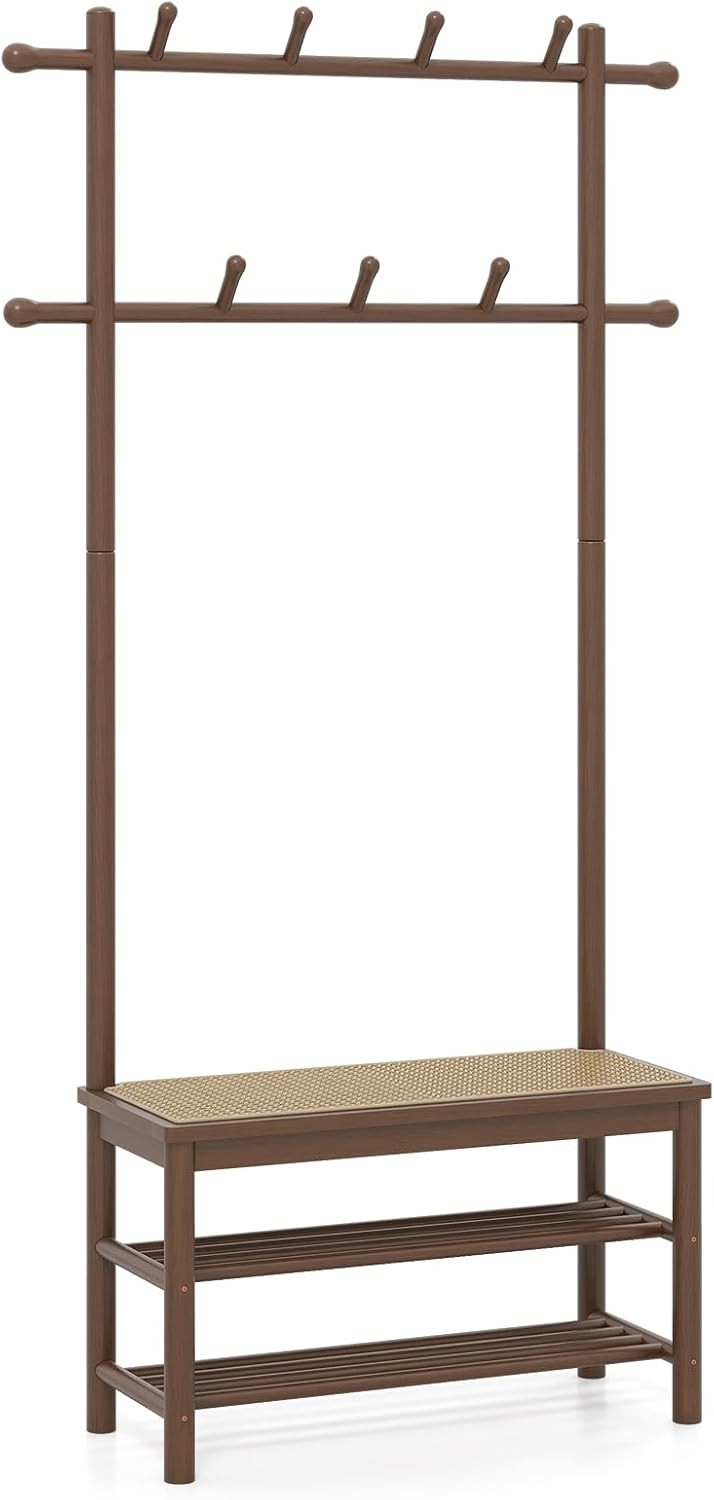 3-in-1 Bamboo Coat Rack with Bench & Shelves Rattan Hallway Entryway Storage