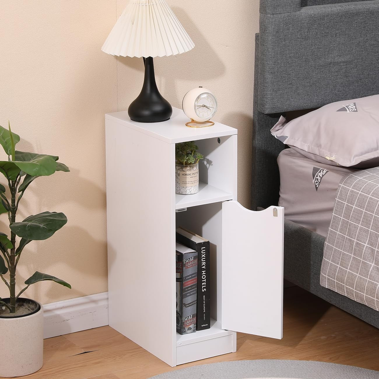 Slim White Bedside Table with Door & Shelf, Narrow Nightstand for Small Spaces