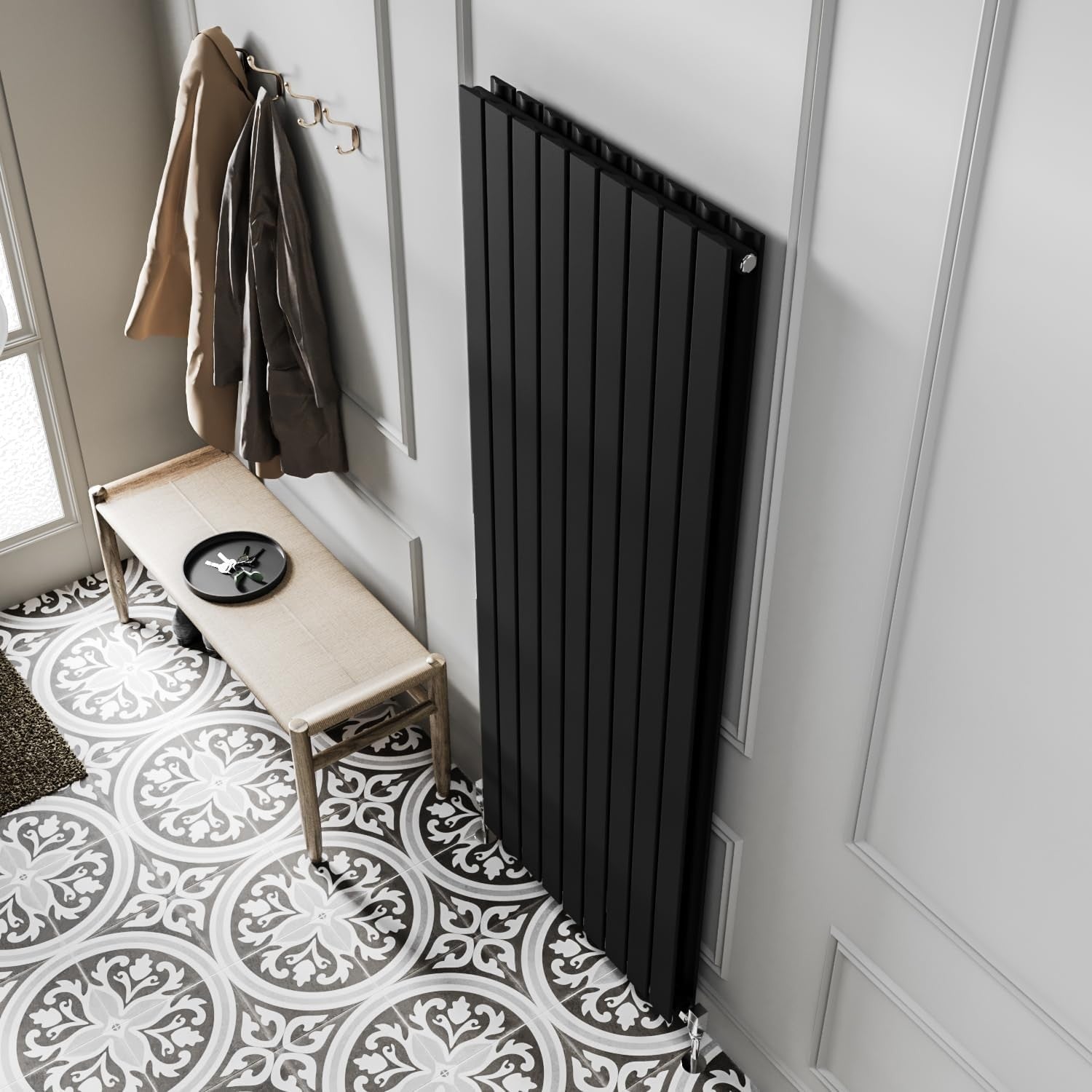 Vertical Black Flat Panel Radiator Double Column 1200x612mm High Heat Output