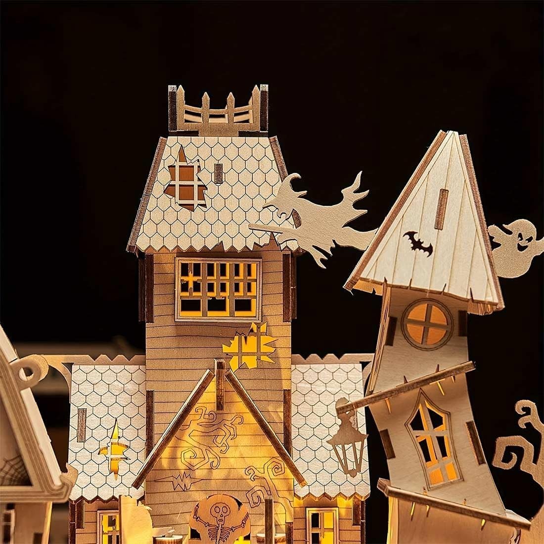 3D Wooden Halloween House Puzzle w/ LED Light | DIY Craft Kit Adults