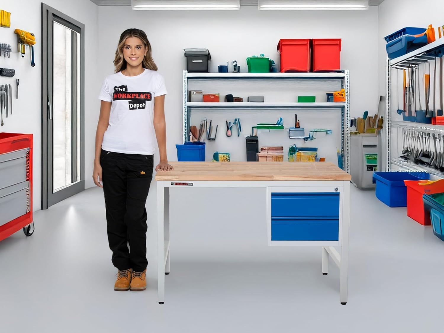 Heavy Duty Metal Workbench 2-Drawer Unit 150kg Steel Frame 30mm Wood Top 1200mm