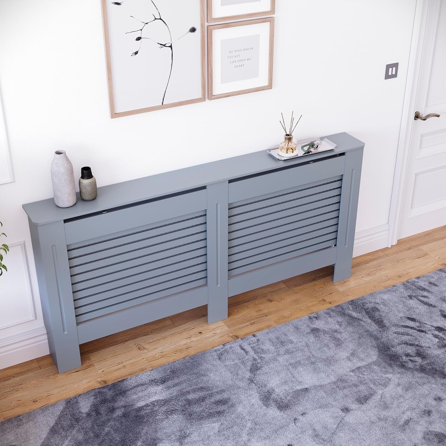 Extra Large Grey Radiator Cover 162x80x16cm Modern MDF Slatted Heating Cabinet