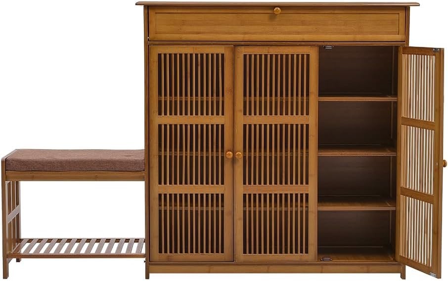 Shoe Storage Bench with Cushion & Drawer 4-Tier Adjustable Shelves 99x33x99cm