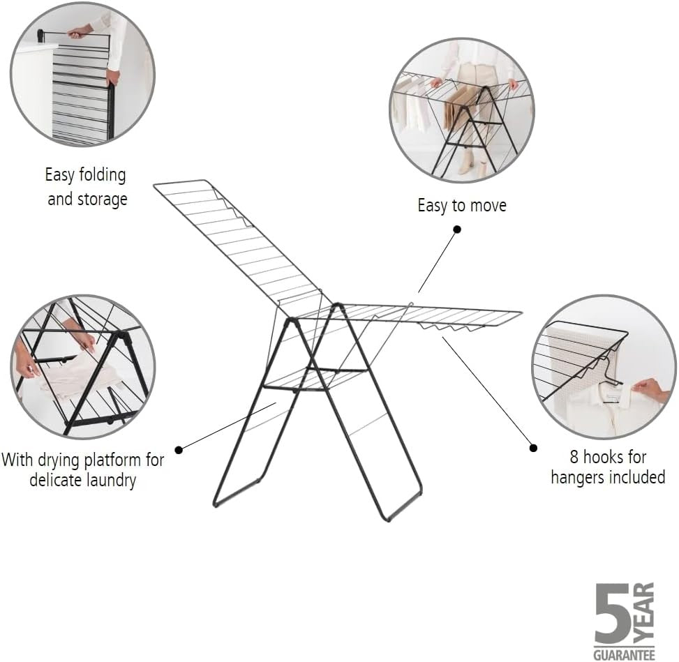 25m Clothes Airer Folding Indoor Drying Rack Stainless Steel Matt Black