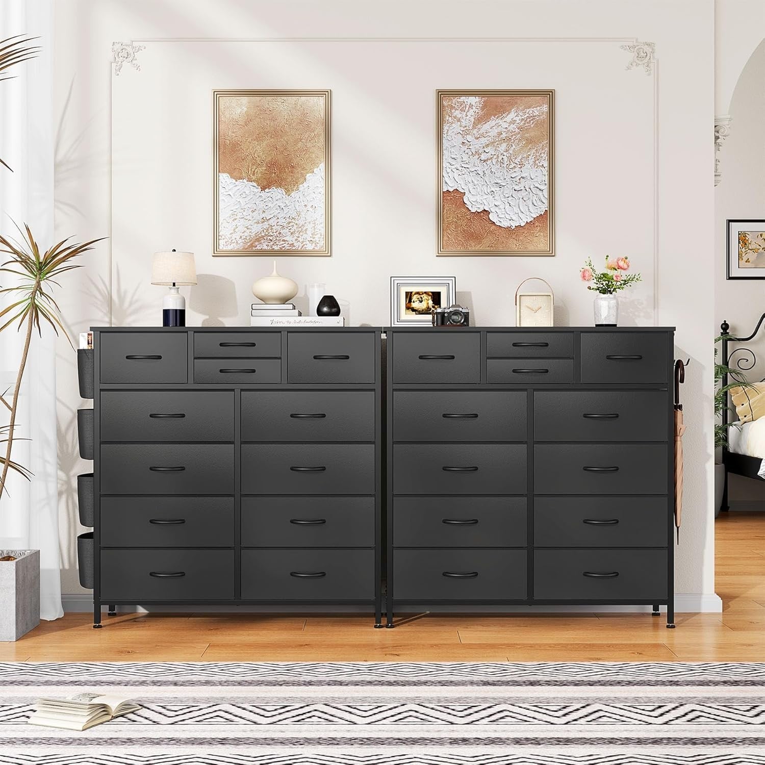 Black 12 Drawer Tall Storage Dresser Fabric Chest Hooks Kids Room Bedroom Hall