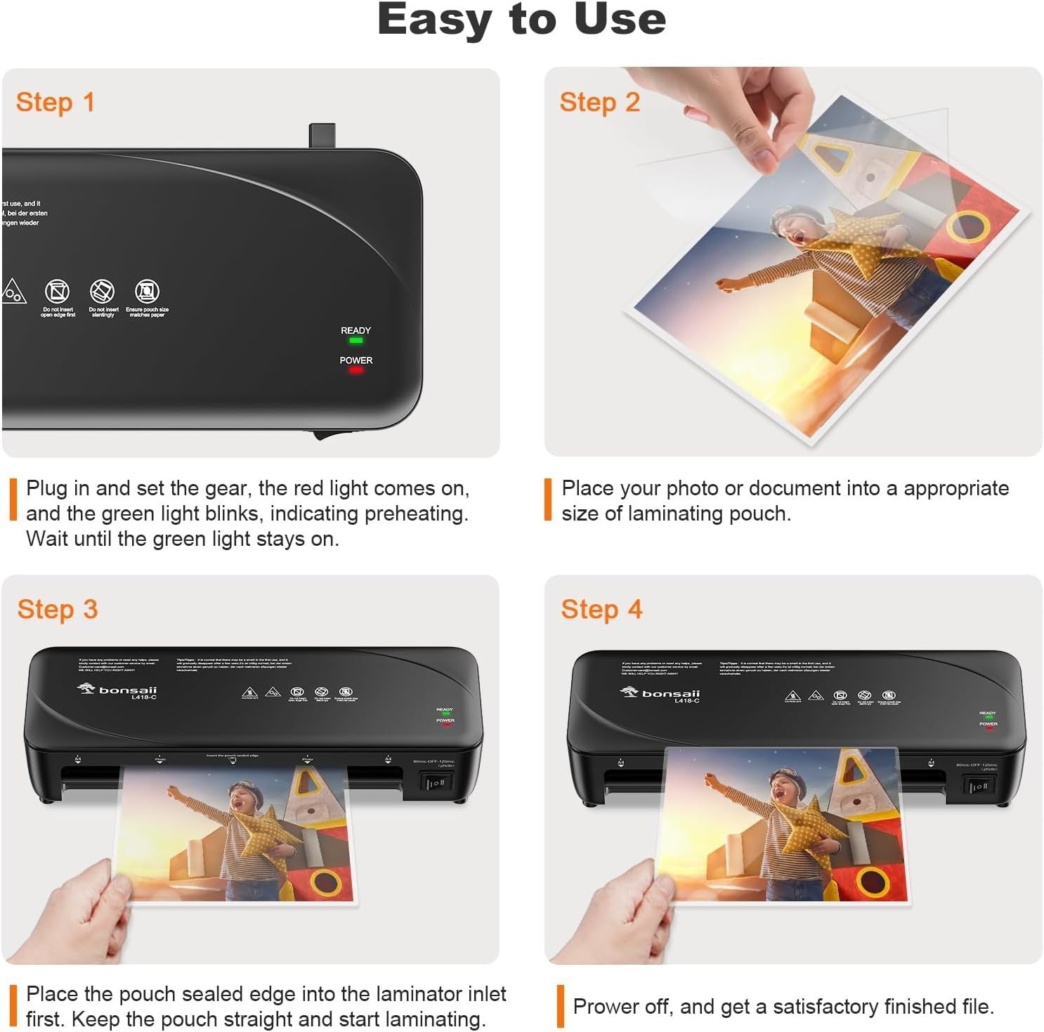 A4 Laminator Machine Never Jam Dual Heat Fast 230mm + Pouches