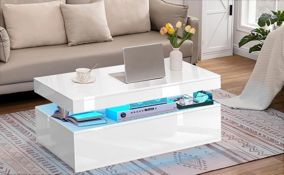 White High Gloss LED Coffee Table with Storage Drawers | 94cm RGB Lights