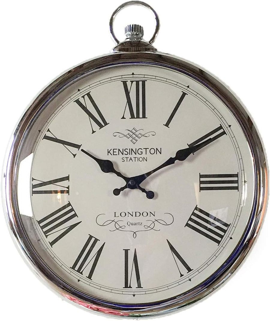 Large Silver Pocket Watch Wall Clock Vintage Roman Numerals Silent Metal Decor
