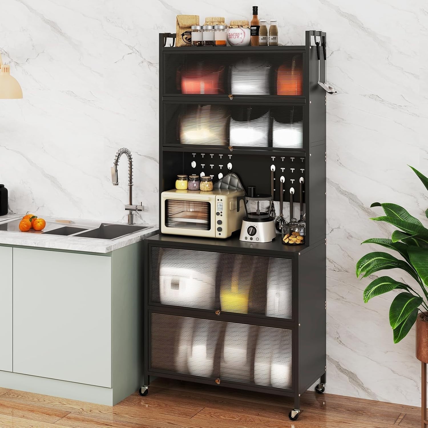 80x40x181cm Black Rolling Kitchen Cabinet 6-Tier Pantry Storage with Wheels