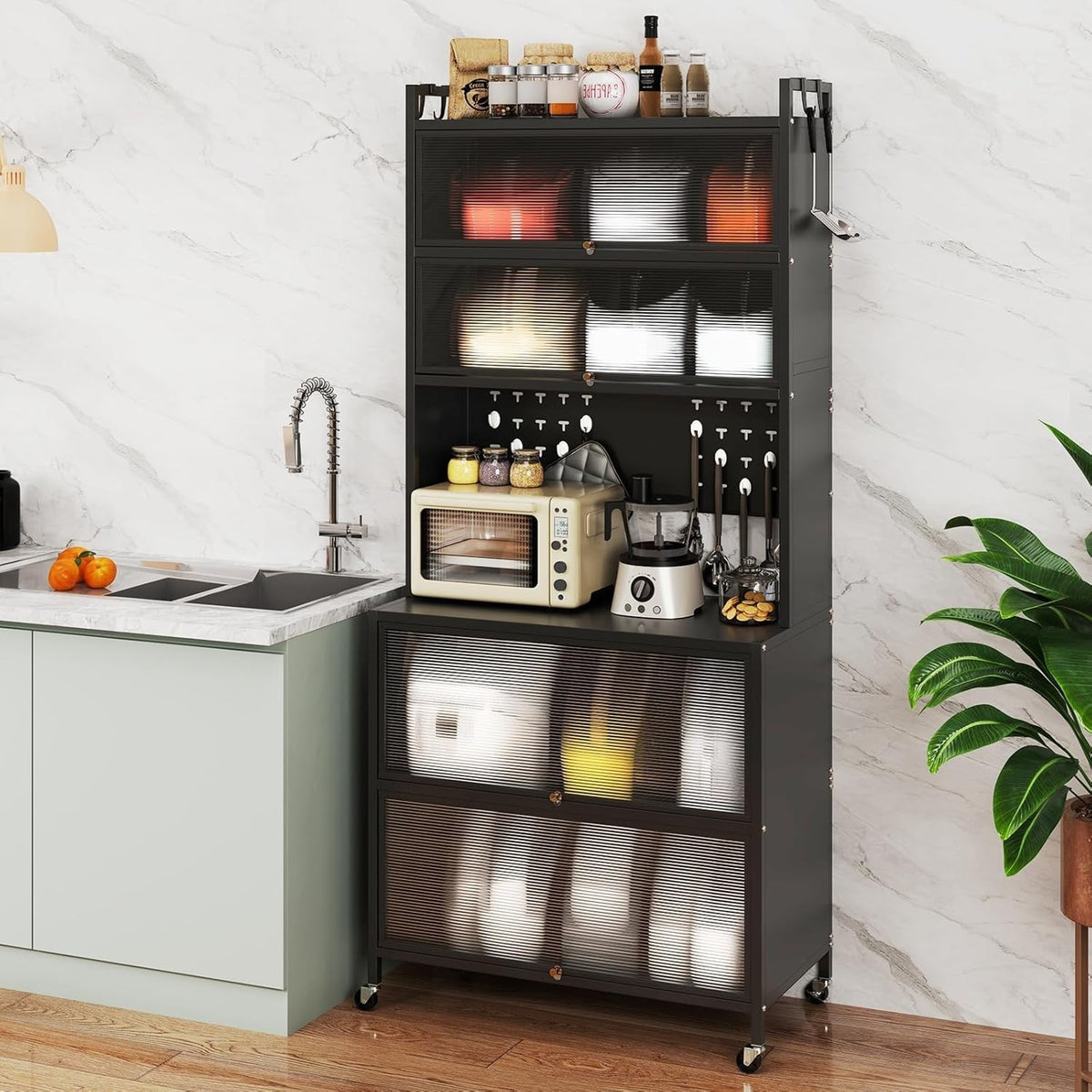 80x40x181cm Black Rolling Kitchen Cabinet 6-Tier Pantry Storage with Wheels