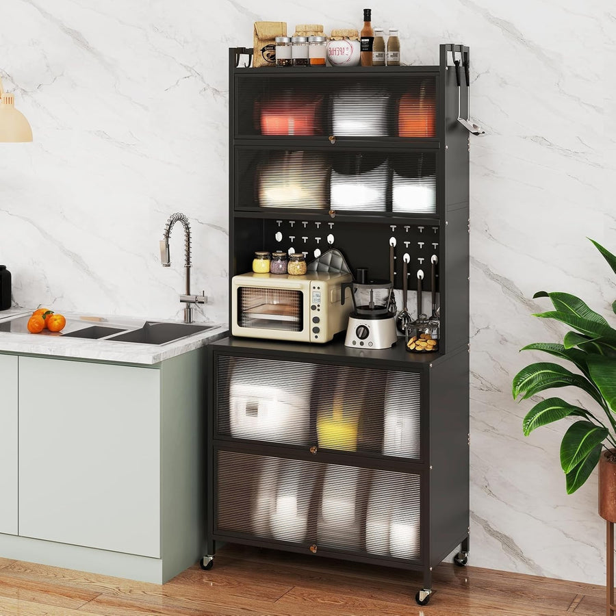 80x40x181cm Black Rolling Kitchen Cabinet 6-Tier Pantry Storage with Wheels