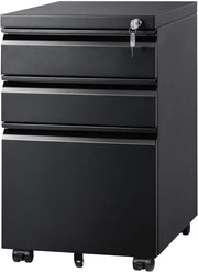 Black 3 Drawer Lockable File Cabinet 43x37x60cm Mobile Under Desk