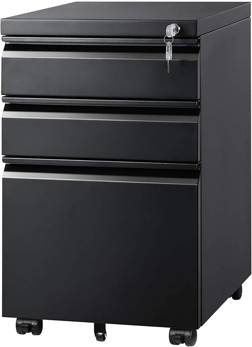 Black 3 Drawer Lockable File Cabinet 43x37x60cm Mobile Under Desk