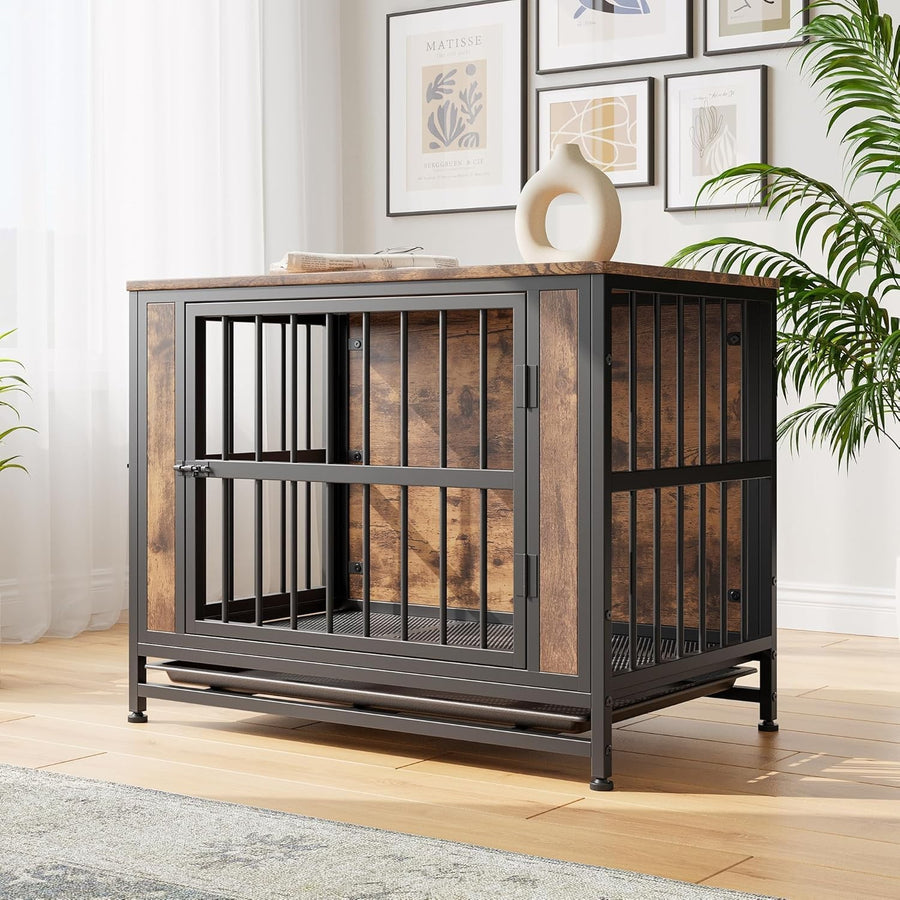 Heavy Duty Chew-Resistant Dog Crate Furniture with Double Doors & Tray