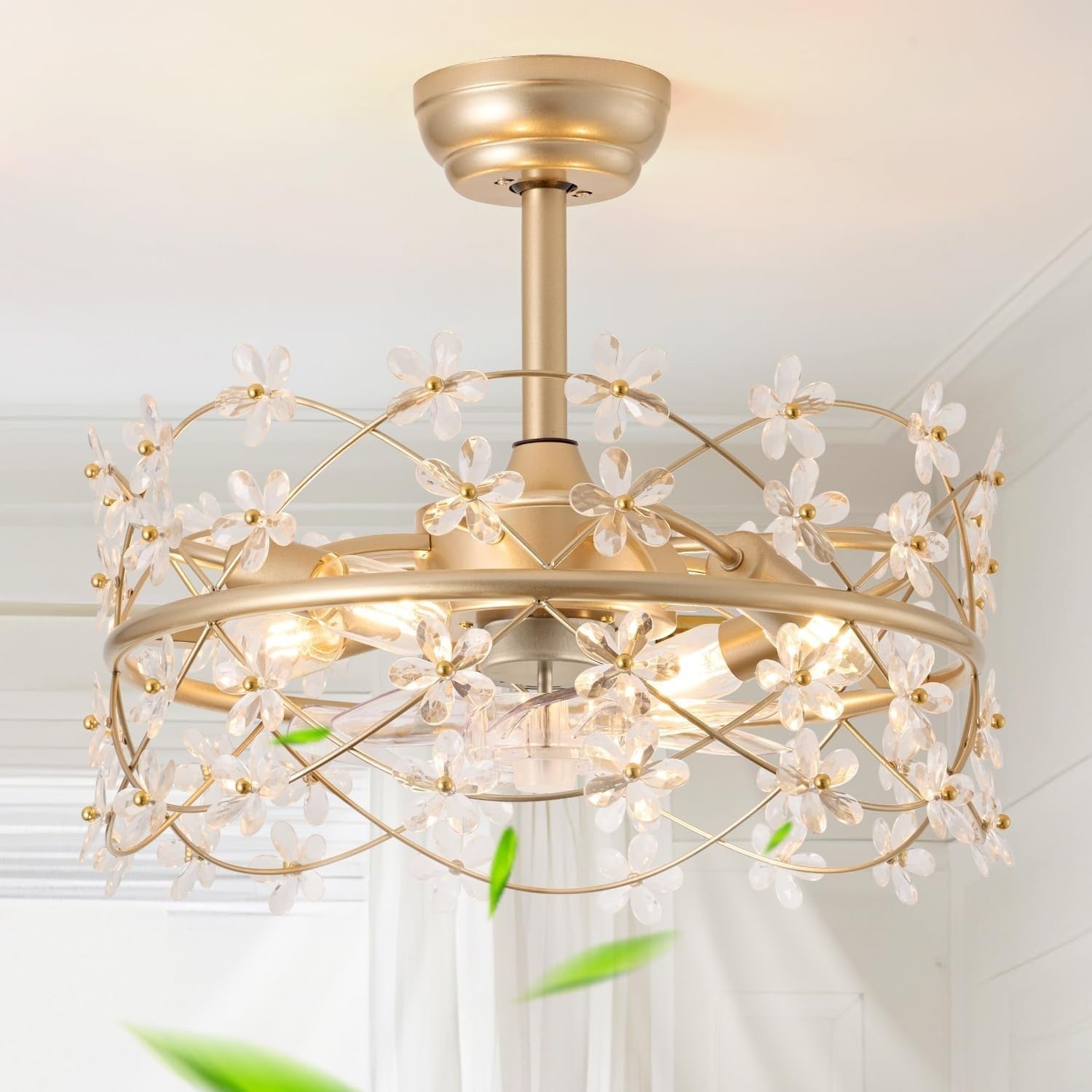 Youngrender 20" Gold Ceiling Fan with Light, Flower Chandelier, Remote