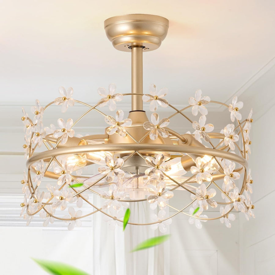 Youngrender 20" Gold Ceiling Fan with Light, Flower Chandelier, Remote