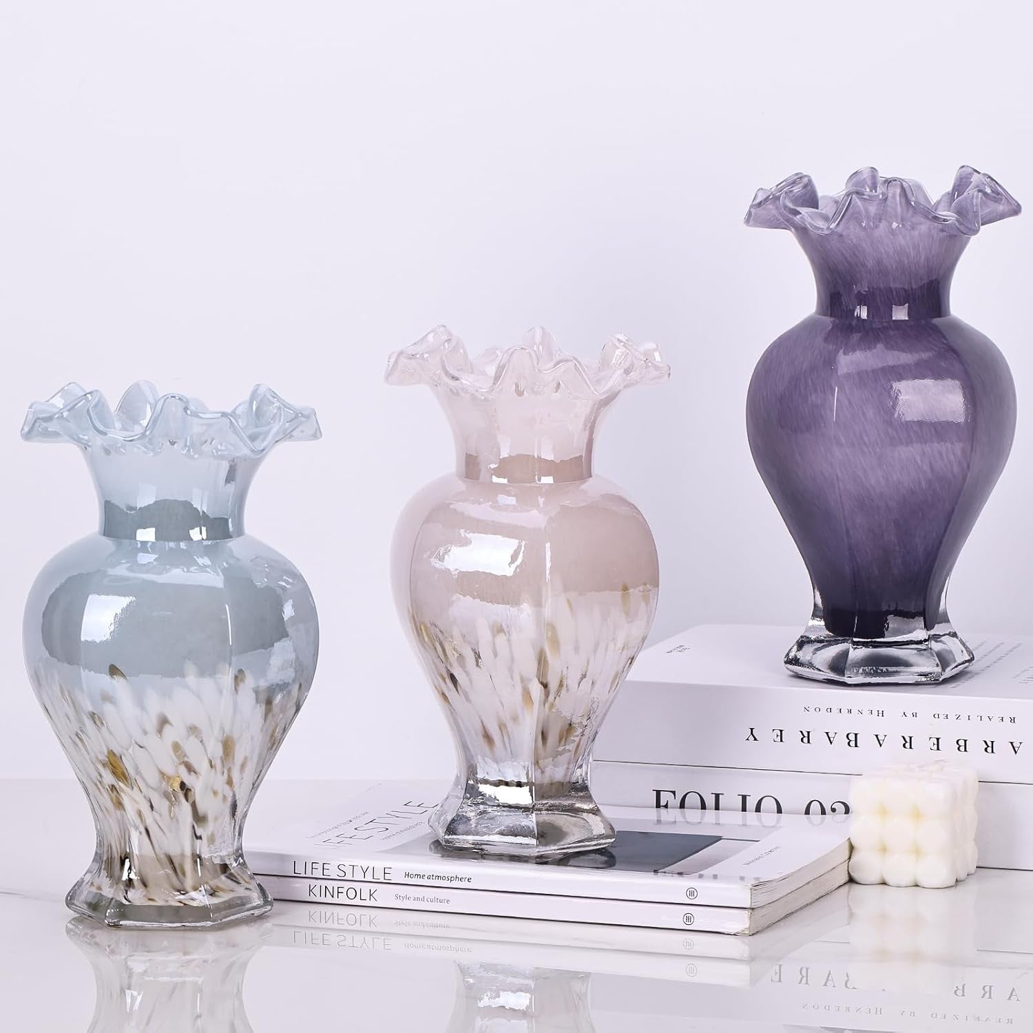 Hand Blown Blue Glass Vase 24cm Tall Art Centerpiece Table Decor