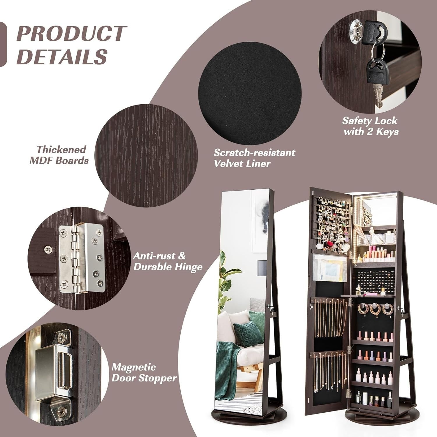 360° Swivel Jewelry Armoire Lockable Full Length Mirror LED Storage